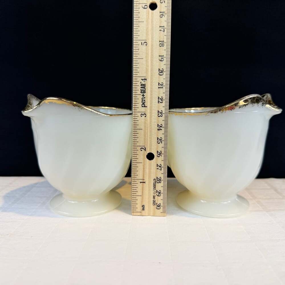 Anchor Hocking Fire-King Milk Glass Swirl Gold Rim Creamers Set of 2